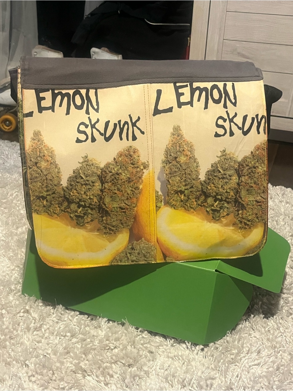 One of a Kind Lemon Skunk Hand Crafted Cannabis Print & Canvas Shoulder Bag